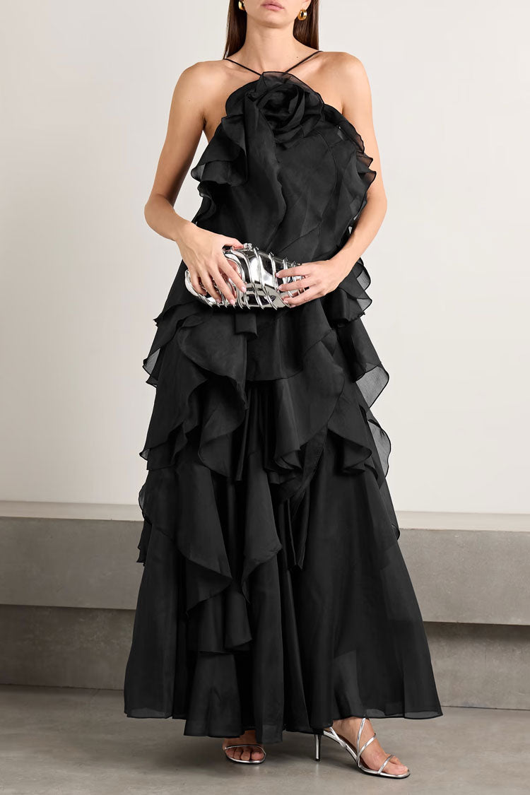 Rosette Backless Laced Back Layered Ruffle Chiffon Vacation Maxi Dress