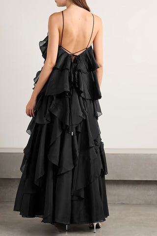 Rosette Backless Laced Back Layered Ruffle Chiffon Vacation Maxi Dress