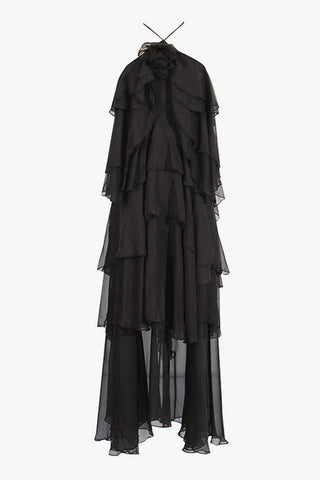 Rosette Backless Laced Back Layered Ruffle Chiffon Vacation Maxi Dress