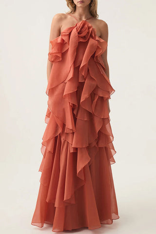 Rosette Backless Laced Back Layered Ruffle Chiffon Vacation Maxi Dress