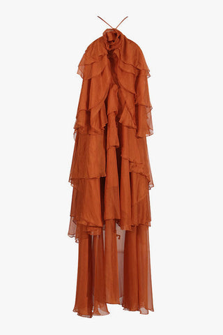 Rosette Backless Laced Back Layered Ruffle Chiffon Vacation Maxi Dress