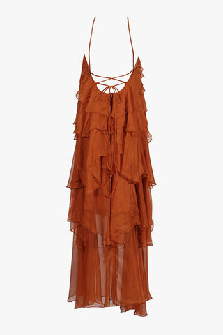 Rosette Backless Laced Back Layered Ruffle Chiffon Vacation Maxi Dress