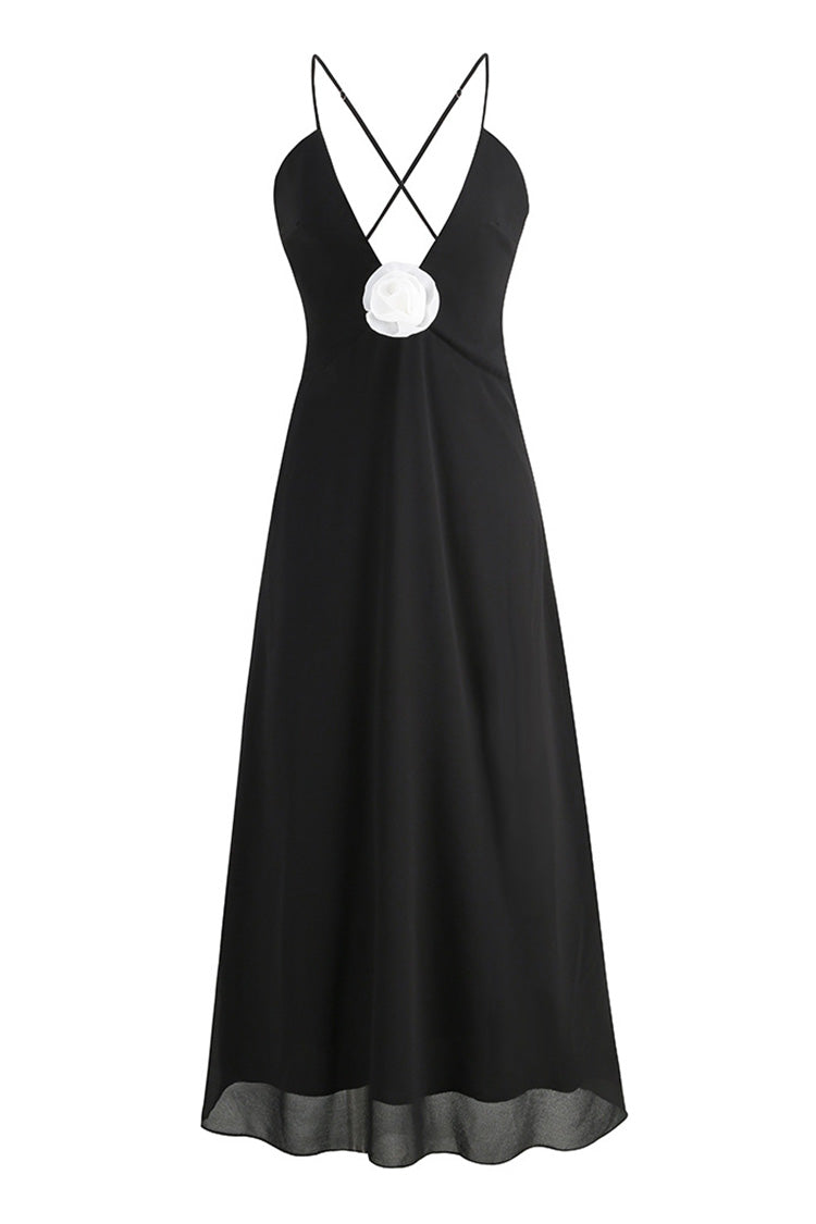 Rosette Deep V Neck Spaghetti Strap Cross Back Chiffon Slip Maxi Dress