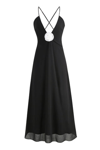 Rosette Deep V Neck Spaghetti Strap Cross Back Chiffon Slip Maxi Dress