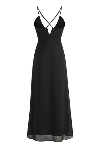 Rosette Deep V Neck Spaghetti Strap Cross Back Chiffon Slip Maxi Dress