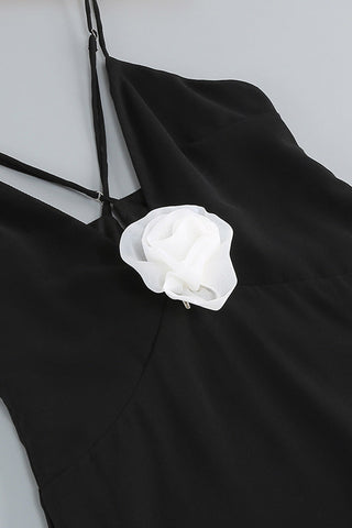 Rosette Deep V Neck Spaghetti Strap Cross Back Chiffon Slip Maxi Dress