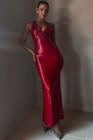Rosette Deep V Sleeveless Split Fishtail Sequin Evening Maxi Dress