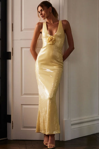 Rosette Deep V Sleeveless Split Fishtail Sequin Evening Maxi Dress