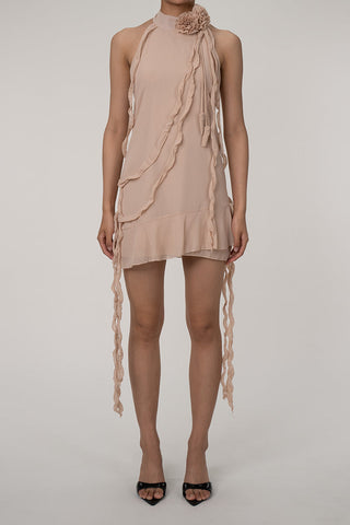 Rosette Halter Neck Draped Ruffle Chiffon Sleeveless Party Mini Dress