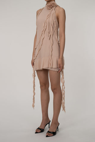 Rosette Halter Neck Draped Ruffle Chiffon Sleeveless Party Mini Dress