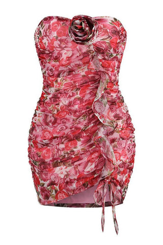 Rosette Sweetheart Ruffle Trim Ruched Strapless Party Mini Dress - Floral