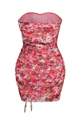 Rosette Sweetheart Ruffle Trim Ruched Strapless Party Mini Dress - Floral