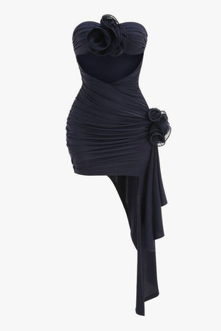Rosette Sweetheart Strapless Draped Ruched Cutout Party Mini Dress