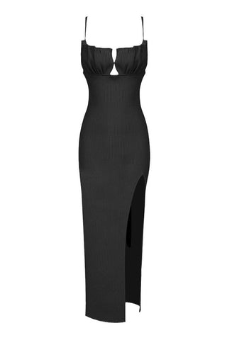Ruched Seashell Cut Out Rib Knit Bodycon Slip Cocktail Party Midi Dress
