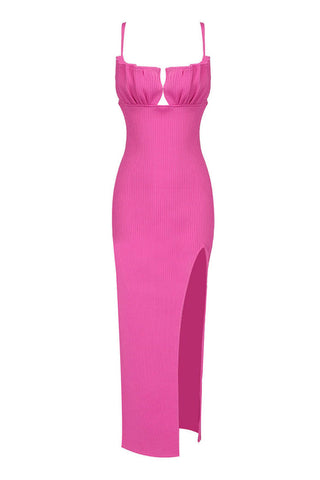 Ruched Seashell Cut Out Rib Knit Bodycon Slip Cocktail Party Midi Dress