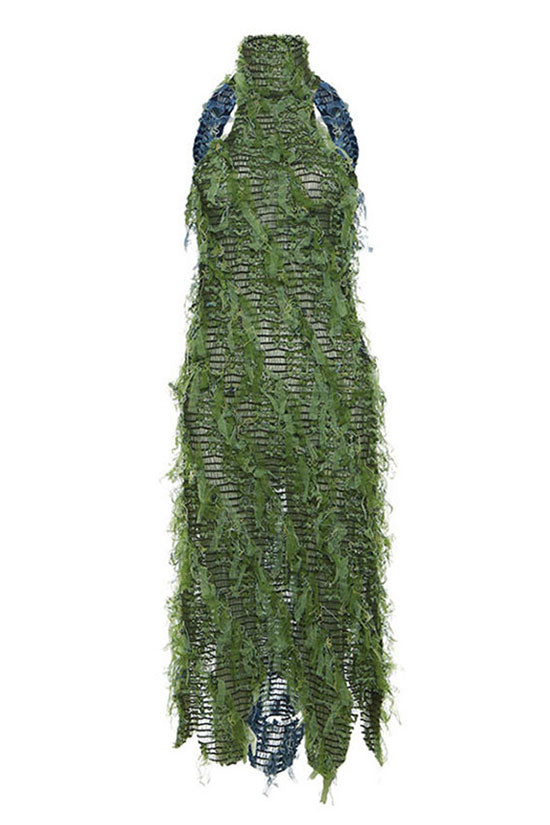 Ruffle Fringe Sheer Mesh Bicolor Halter Sleeveless Club Midi Dress