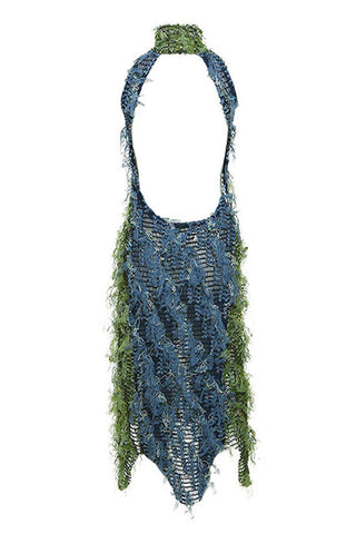 Ruffle Fringe Sheer Mesh Bicolor Halter Sleeveless Club Midi Dress
