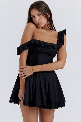 Ruffle Square Neck Frilled Fit and Flare Drop Waist Summer Mini Sundress - Black