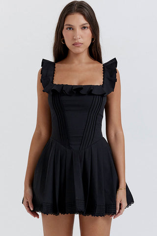 Ruffle Square Neck Frilled Fit and Flare Drop Waist Summer Mini Sundress - Black