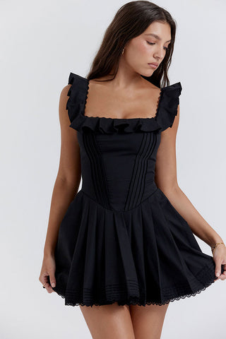 Ruffle Square Neck Frilled Fit and Flare Drop Waist Summer Mini Sundress - Black