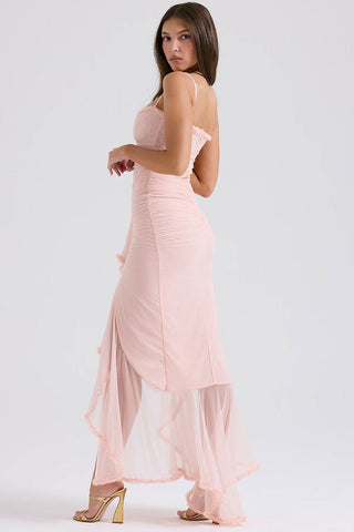 Ruffle Sweetheart Cutout Ruched Mesh Slip Fishtail High Low Evening Dress