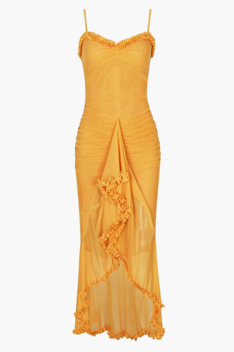 Ruffle Sweetheart Ruched Mesh High Low Fishtail Slip Evening Dress