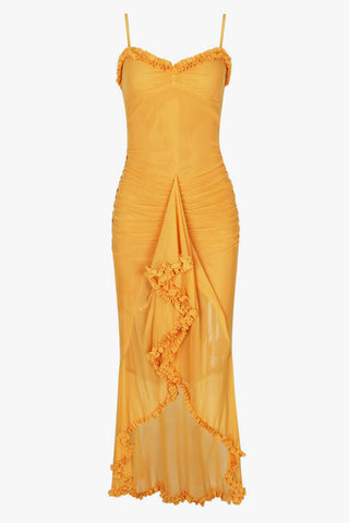 Ruffle Sweetheart Ruched Mesh High Low Fishtail Slip Evening Dress