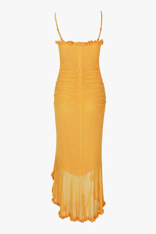 Ruffle Sweetheart Ruched Mesh High Low Fishtail Slip Evening Dress