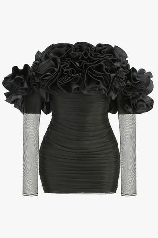 Ruffled Rosette Off Shoulder Sheer Sleeve Ruched Mesh Party Mini Dress
