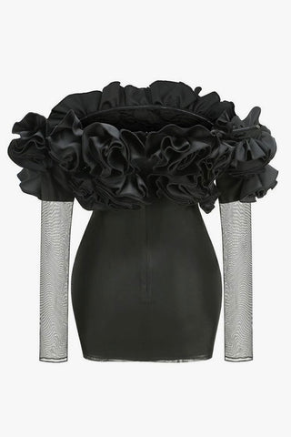 Ruffled Rosette Off Shoulder Sheer Sleeve Ruched Mesh Party Mini Dress
