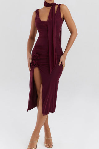 Scarf Cowl Neck Backless Rosette Ruched Bodycon Mesh Cocktail Midi Dress