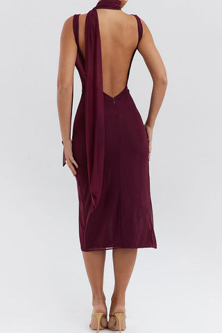 Scarf Cowl Neck Backless Rosette Ruched Bodycon Mesh Cocktail Midi Dress
