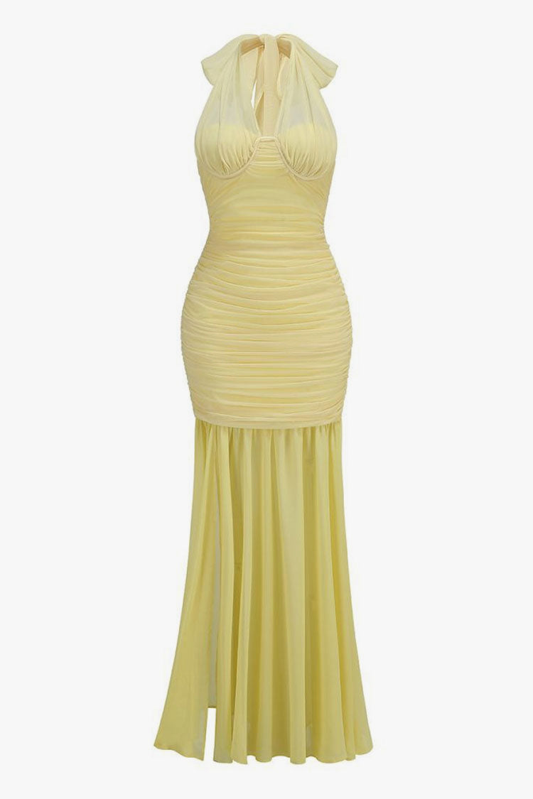 Scarf Halter Bustier Ruched Mesh Chiffon Split Evening Maxi Dress