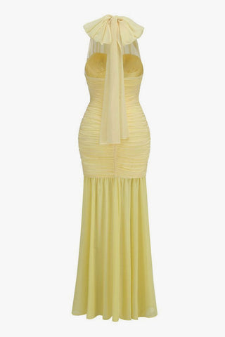 Scarf Halter Bustier Ruched Mesh Chiffon Split Evening Maxi Dress