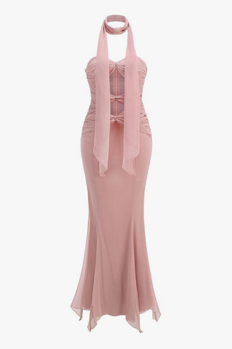 Scarf Ruched Cutout Chiffon Godet Fishtail Tube Evening Maxi Dress