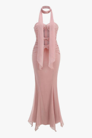 Scarf Ruched Cutout Chiffon Godet Fishtail Tube Evening Maxi Dress