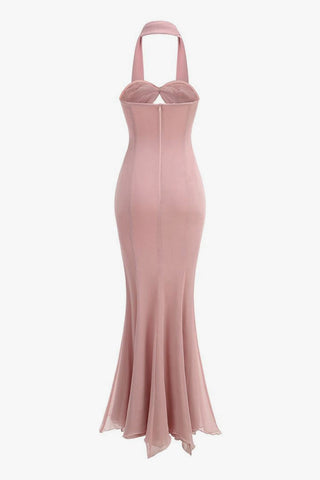 Scarf Ruched Cutout Chiffon Godet Fishtail Tube Evening Maxi Dress