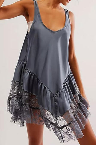 Scoop Neck Sleeveless Tiered Ruffle Lace Satin Summer Slip Mini Dress