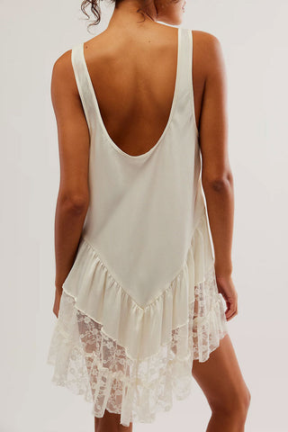 Scoop Neck Sleeveless Tiered Ruffle Lace Satin Summer Slip Mini Dress