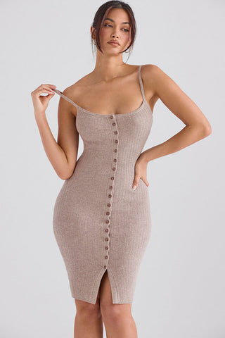 Scoop Neck Spaghetti Strap Button Down Sleeveless Knitted Midi Dress - Camel
