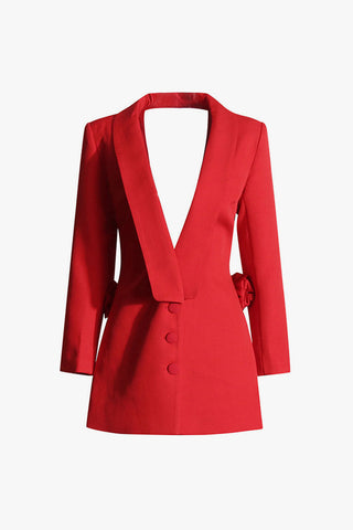 Shawl Collar Plunge Single Breasted Rosette Trim Cutout Blazer
