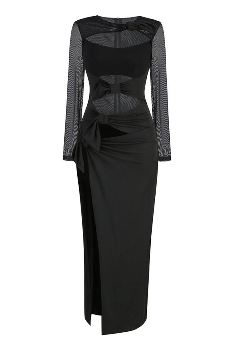 Sheer Mesh Bow Knot Cutout High Slit Long Sleeve Evening Maxi Dress