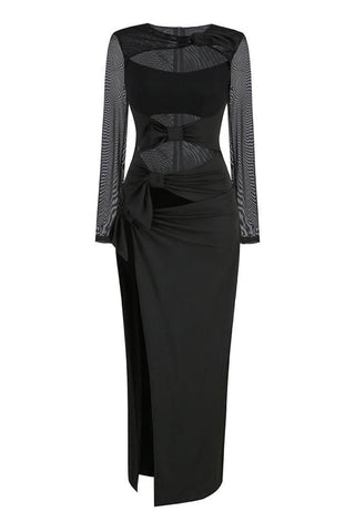 Sheer Mesh Bow Knot Cutout High Slit Long Sleeve Evening Maxi Dress