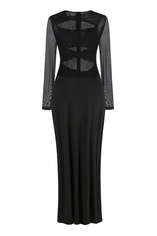 Sheer Mesh Bow Knot Cutout High Slit Long Sleeve Evening Maxi Dress