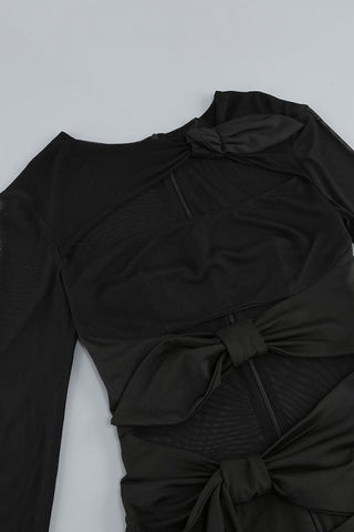 Sheer Mesh Bow Knot Cutout High Slit Long Sleeve Evening Maxi Dress