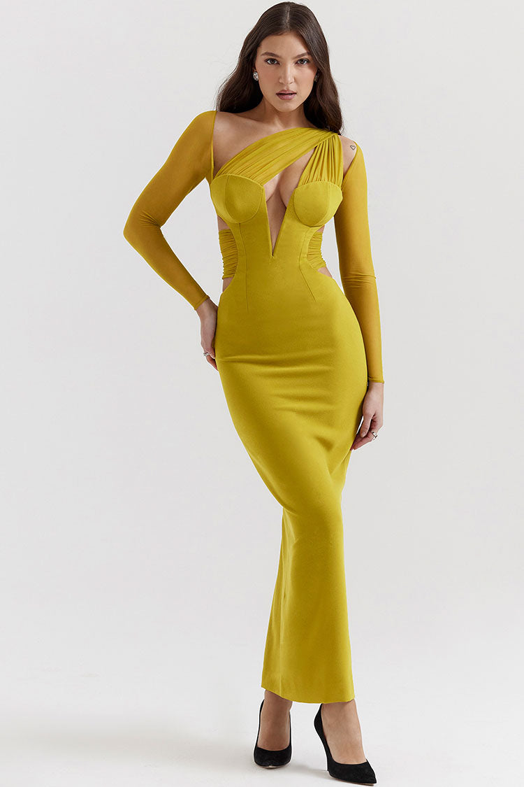 Sheer Ruched One Shoulder Cutout Bodycon Evening Maxi Dress - Yellow