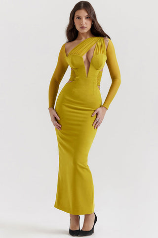 Sheer Ruched One Shoulder Cutout Bodycon Evening Maxi Dress - Yellow