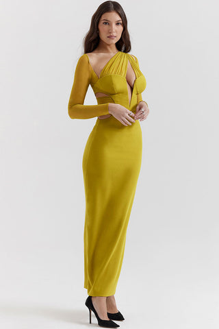 Sheer Ruched One Shoulder Cutout Bodycon Evening Maxi Dress - Yellow