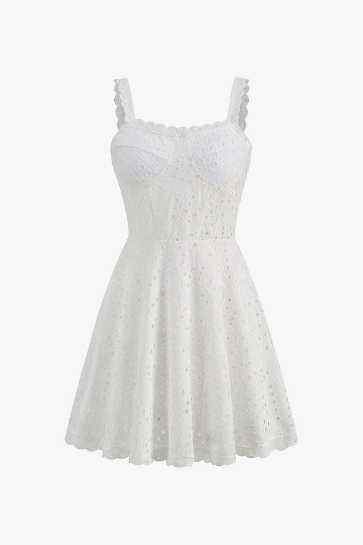 Shirred Bustier Scalloped A Line Broderie Anglaise Party Mini Sundress