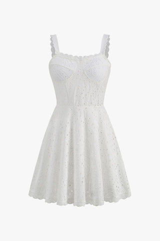 Shirred Bustier Scalloped A Line Broderie Anglaise Party Mini Sundress